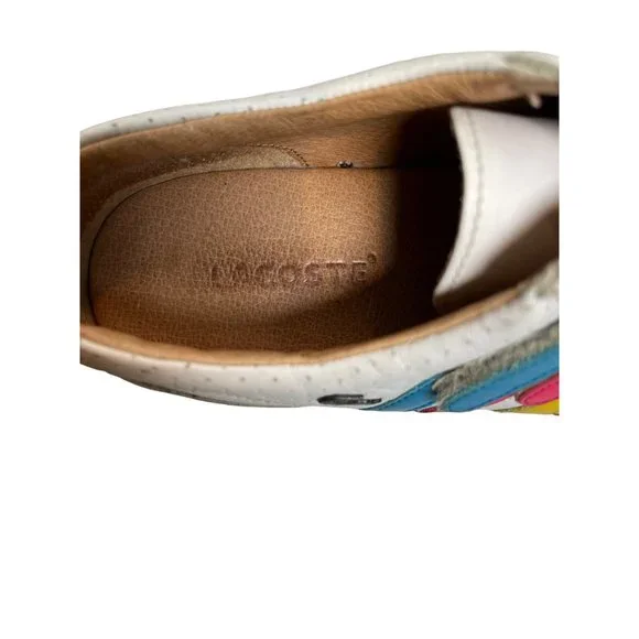 Lacoste Mystere Punched Sneakers Rainbow Straps White Leather Womens Sz. 6 - Picture 7 of 8